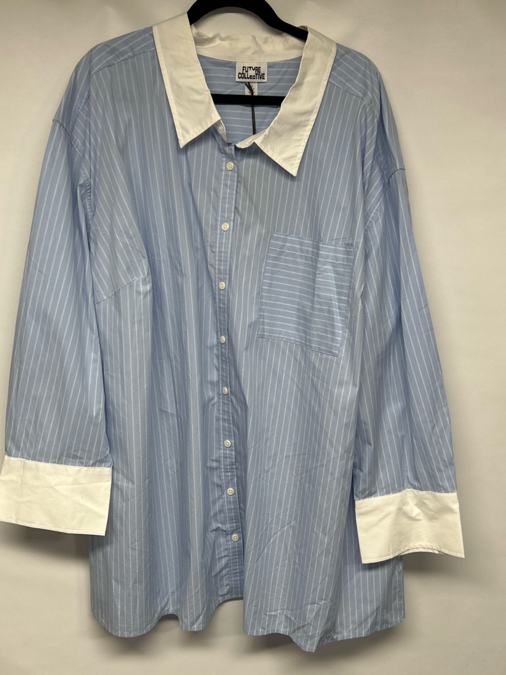 Women's Light Blue Pinstripe Button-Down Shirt with White Collar & Cuffs